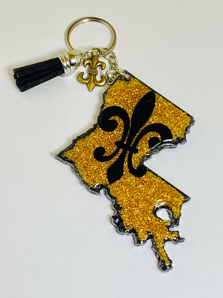 Louisiana Keychain. Includes State of Louisiana, Mardi Gras Mask, and Fleur de Lis Charms. Louisiana Gift. New Orleans, Mardi Gras.