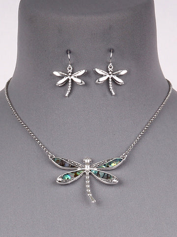 Abalone Dragonfly Necklace and Earrings Set