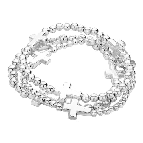 Silver Tone Cross Pointed Ball Beaded Stretch Multi Layered Bracelet