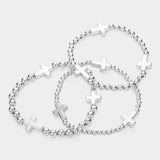 Silver Tone Cross Pointed Ball Beaded Stretch Multi Layered Bracelet