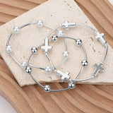 Metal Cross Ball Pearl Station Stretch Multi Layered Bracelets