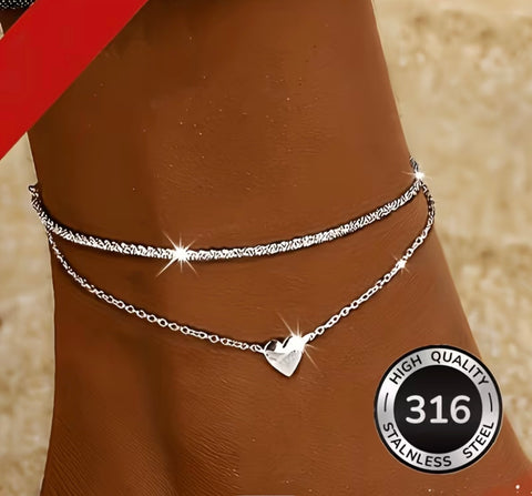 Silver Tone Double Chain Heart Anklet