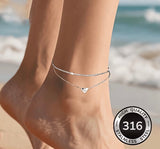 Silver Tone Double Chain Heart Anklet