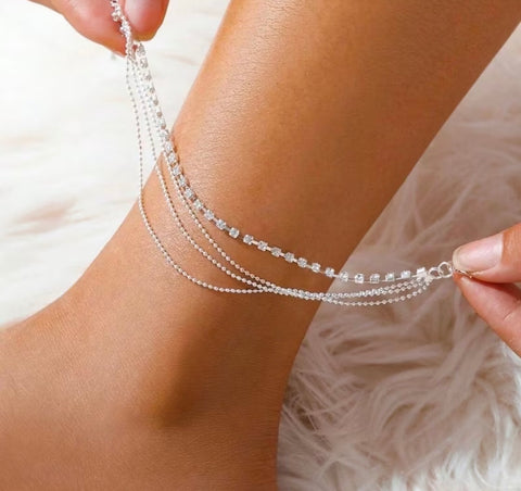 Silver Layered Rhinestone Anklet | Dainty Beach Anklet | Boho Foot Jewelry | Summer Ankle Bracelet