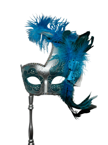 Light Blue/Teal and Silver Mardi Gras Mask on a Stick