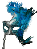 Light Blue/Teal and Silver Mardi Gras Mask on a Stick