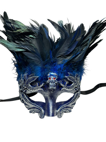 Masculine Mardi Gras Mask with Feathers Blue and Silver