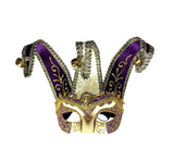 Jester Mardi Gras Mask, Purple and Gold, Black Satin Ties