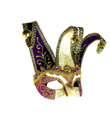 Jester Mardi Gras Mask, Purple and Gold, Black Satin Ties