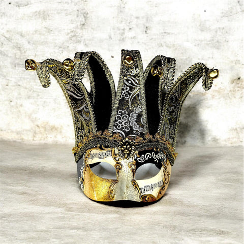 Men’s Jester Mardi Gras Mask, Black and Gold