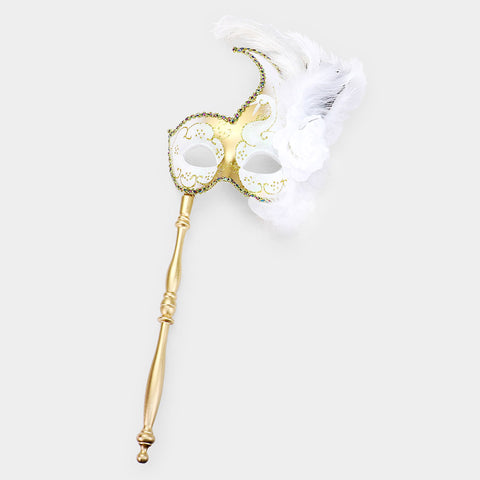 White and Gold Mardi Gras Mask on Stick