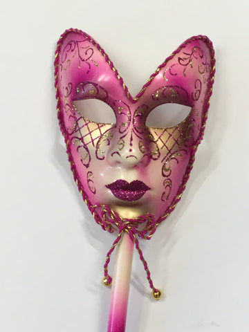 Hot Pink Mardi Gras Mask on Stick